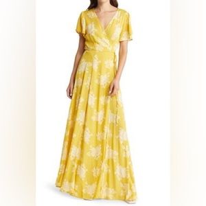 Lulu’s Heart of Marigold Yellow Floral Print Wrap Maxi Dress, Size S, EUC